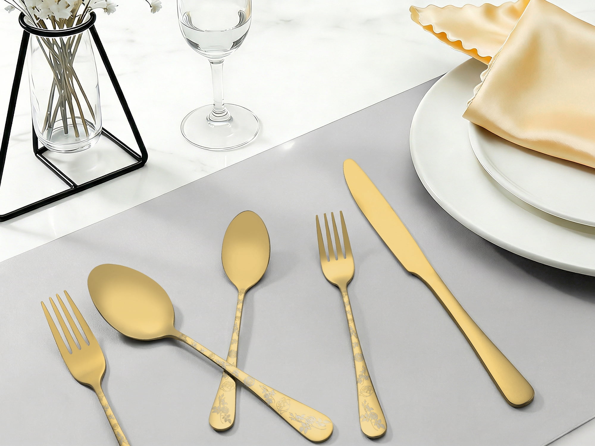 Unique Bargains 30 Piece Silverware Set for 6 Stainless Steel Floral Flatware Gold 30