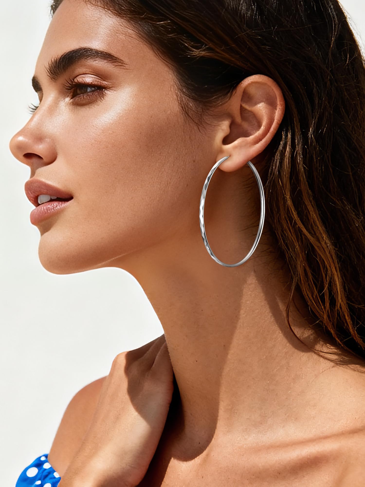 ChicSilver 925 Sterling Silver Hoop Earrings for Women Hypoallergenic Lightweight Big Hoop Earrings for Women Diamond-Cut Endless Hoops Earring 70MM