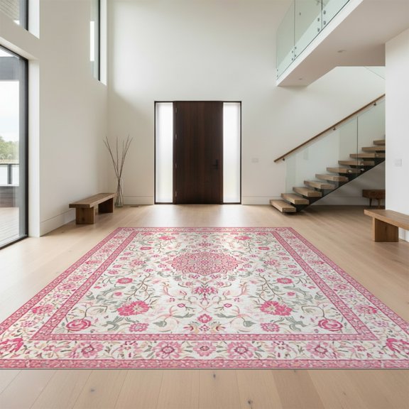 Design&I 8'x10' Washable Area Rug Pink Scrolling Vintage Botanical Border Decorative Shack Large for King Size Bedroom, Under Bed, Sleek Flatweave Pet Friendly