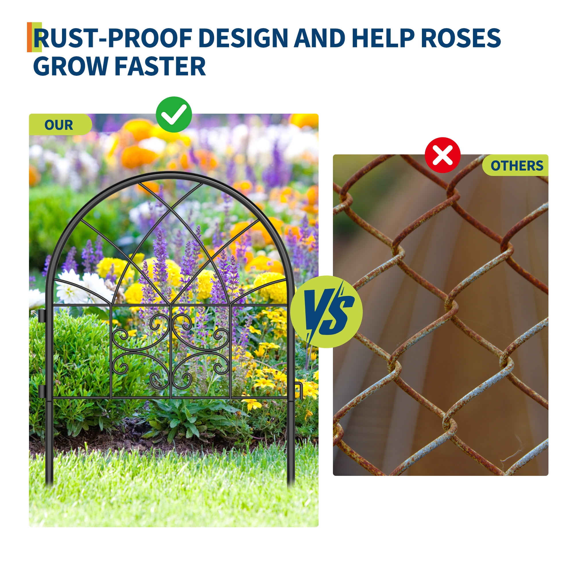 No-Dig Metal Garden Fence 8-Pack - Rustproof Panels & Gate for Outdoor Lawn, Black