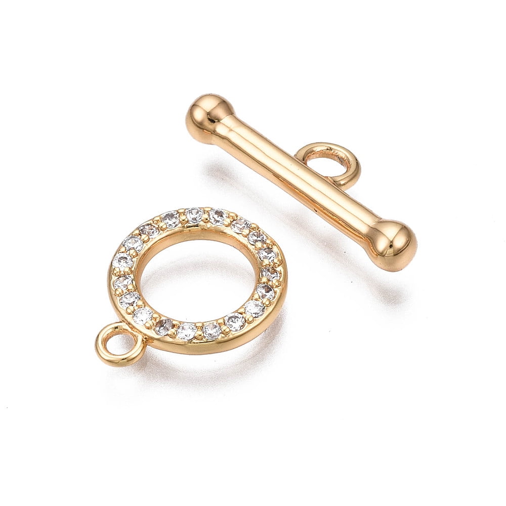 Brass Micro Pave Clear Cubic Zirconia Toggle Clasps Nickel Free Ring Real 18K Gold Plated Ring: 12.5x10.5x2mm Bar: 17x6x3mm Jump Ring: 5x1mm