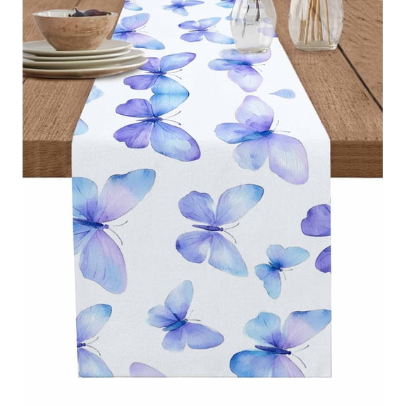 Blue Purple Butterfly Table Runner 36 Inches, Watercolors Charming Butterflies Bed Runner Dresser Scarves Tabletop for Indoor Outdoor Parties/Ceremony/Banquet, 13"x 36"