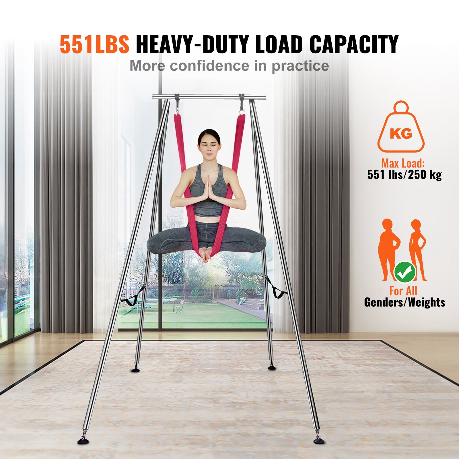 KFFKFF Airborne Yoga Structure & Hammock, 9.67 ft Tall Expert Yoga Swing Stand Accompanied by 6.6 Yards Airborne Hammock, Maximum 551.15 lbs Weight Limit, Yoga Apparatus for Airborne Yoga, Red