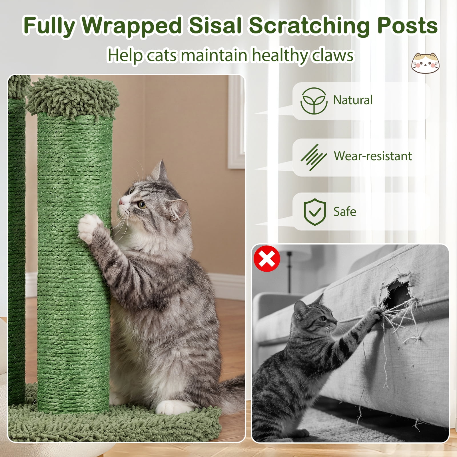 Gymax 22'' Cactus Cat Scratching Post Cute Vertical Cat Claw Scratcher w/ Sisal Rope Green