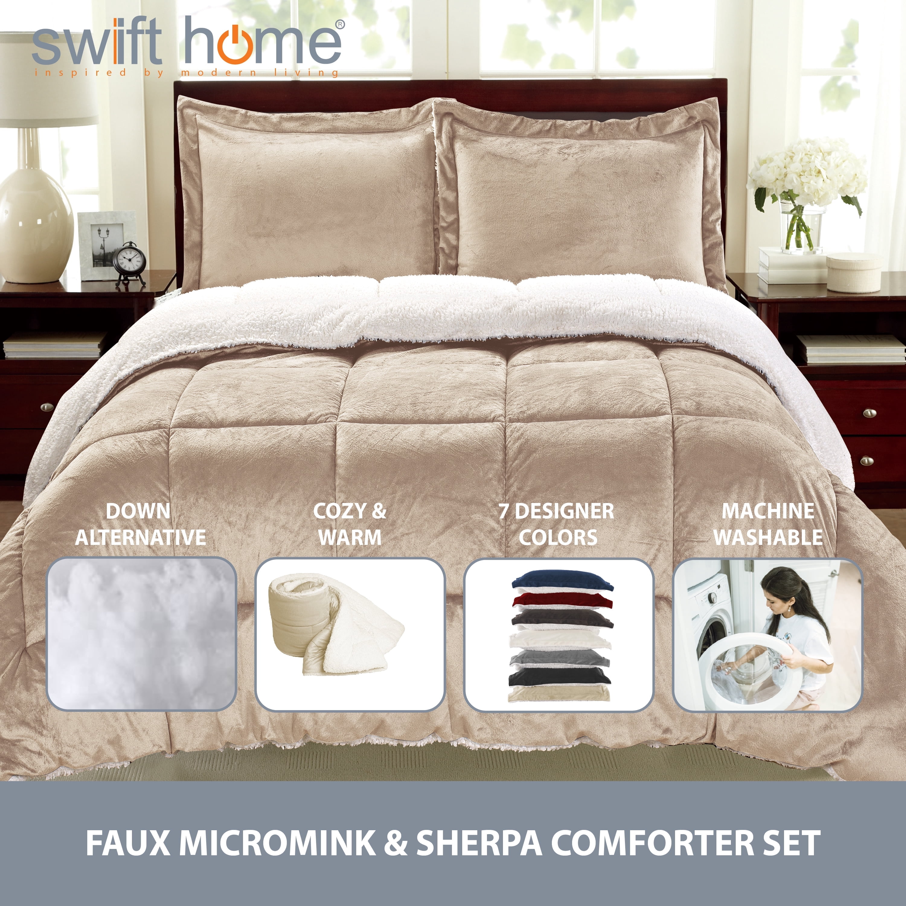 Swift Home 3PC Reversible Winter Plush Sherpa Faux Micromink Comforter Set, Camel, Queen
