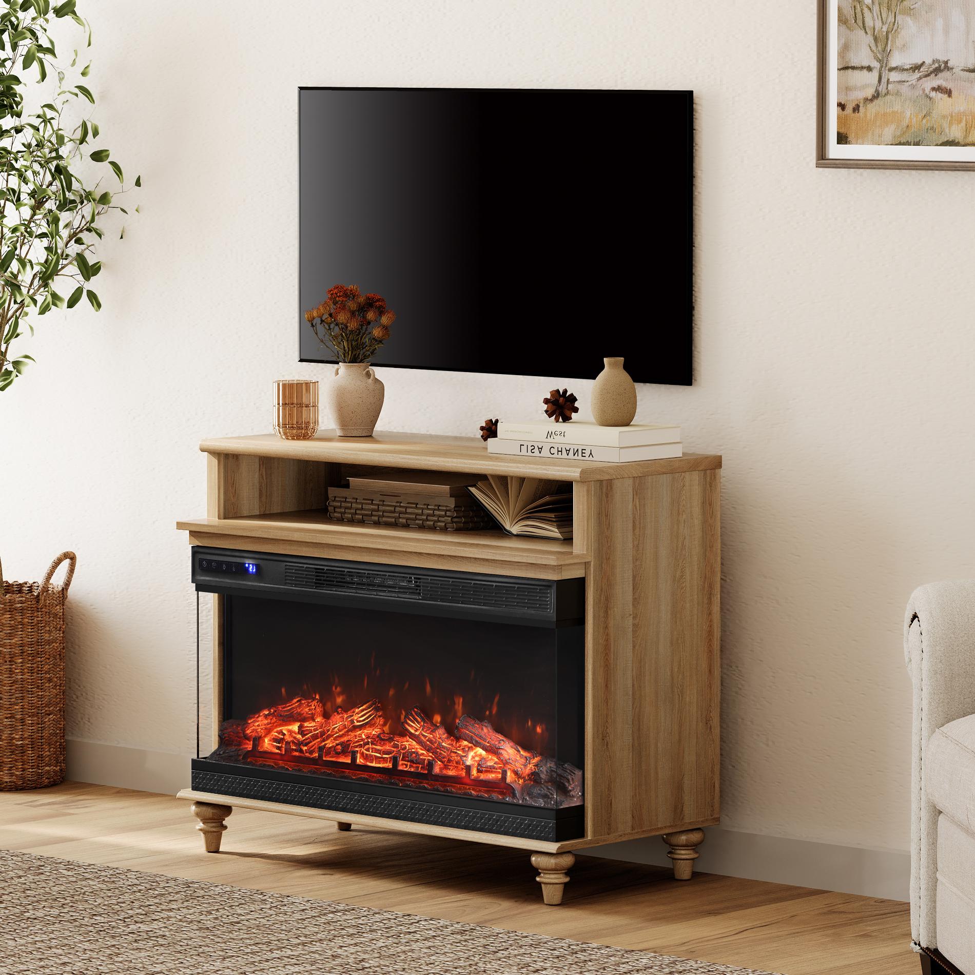 36" Electric Fireplace, Oak Wooden Side Table Fireplace End Table for Living Room, 3D Freestanding Fireplace Stove Heater