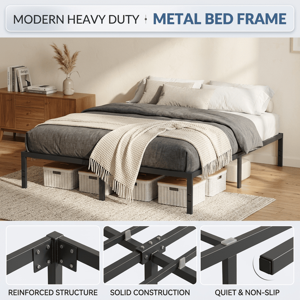 LEDREM King Size Metal Frame, Heavy-Duty Platform Bed with Under-Bed Storage, Easy Assembly for Bedroom, Black