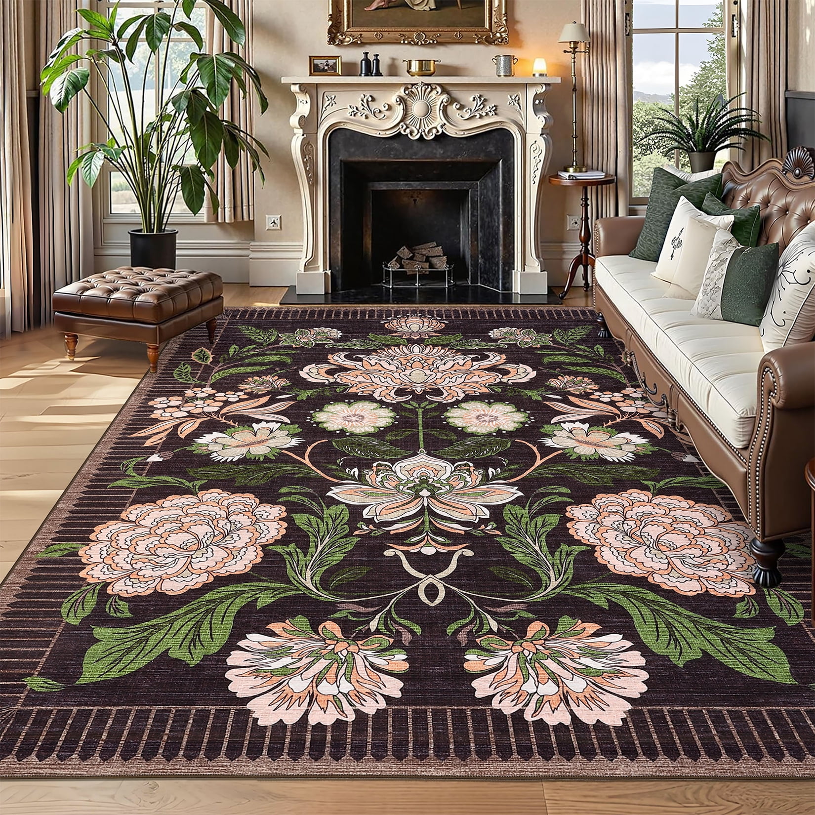 Hasoo Purple Washable Area Rugs 9' x 12' Rug for Living Room Floral Modern Non Slip Throw Indoor Carpet