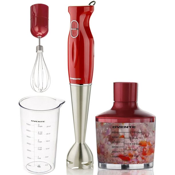 Ovente HS585R Robust Hand Blender with Beaker, Whisk, and Food Chopper