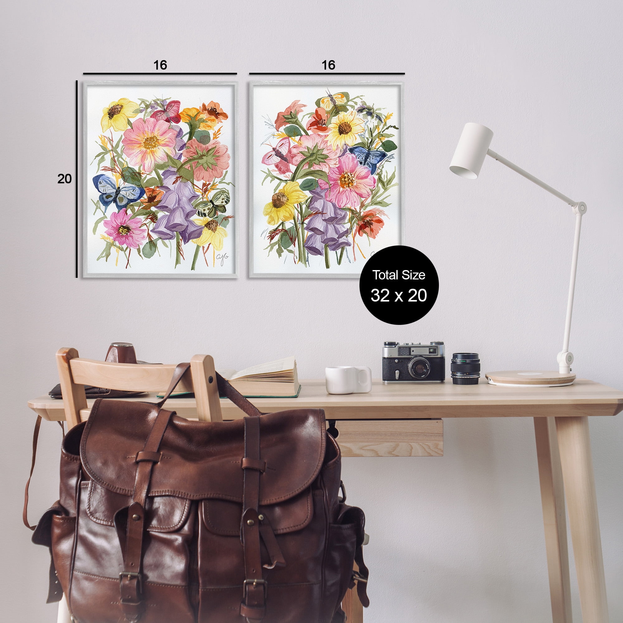 Stupell Industries Traditional Butterflies & Florals Botanical & Floral Painting Gray Framed Art Print Wall Art, 16 x 20, Set of 2