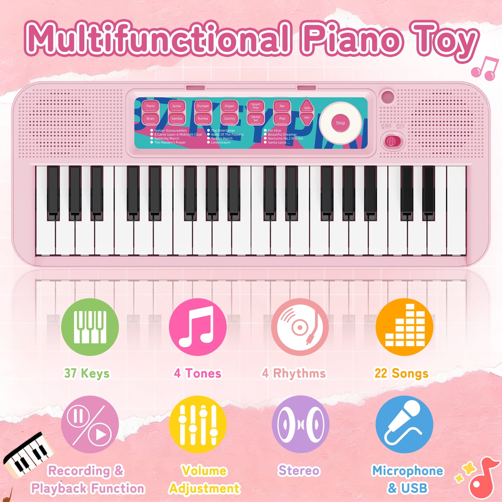 Tepear Kids Piano Keyboard Toys for Girls Age 3, 37 Keys Toddlers Piano Toy with Stool and Microphone, Pink Birthday Gift for 4 5 6 Years Old Boy Girl