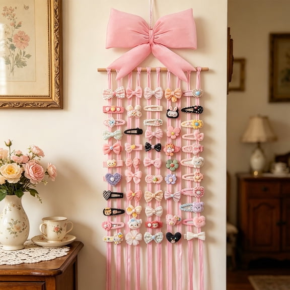 Pink Macrame Hair Bow Organizer, Wall Hanging Hair Clip Storage Holder, Boho Decorative Tapestry, Space Saving Organizer for Girls Bedroom Wall Vanity Decor