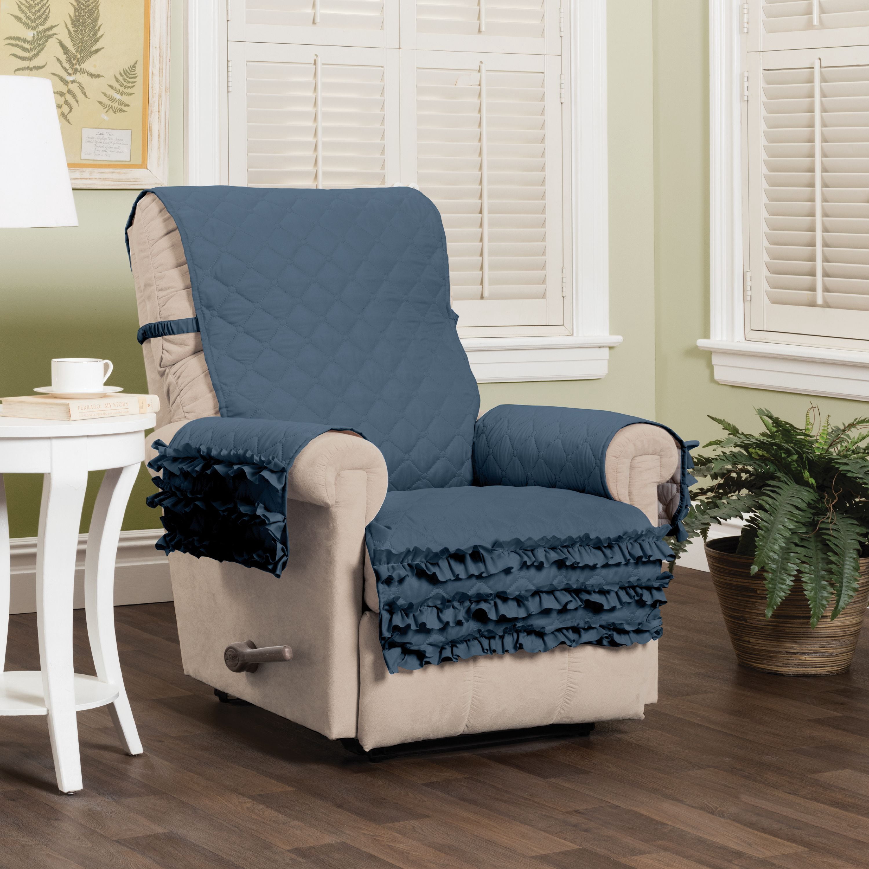 Innovative Textile Solutions 1-Piece Claremont Ruffled Recliner Furniture Cover, Slate Blue