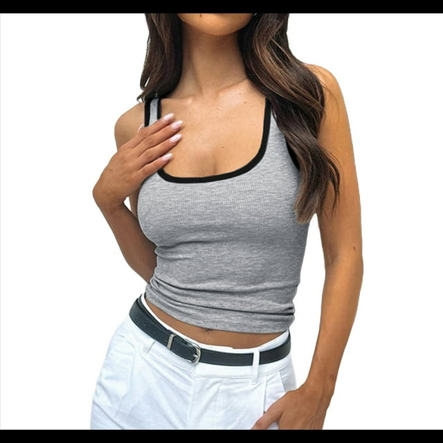 Camiseta de Tirantes Finos Ajustada con Cuello Cuadrado y Canalé para Mujer, de Verano, Color Gris, Talla XL