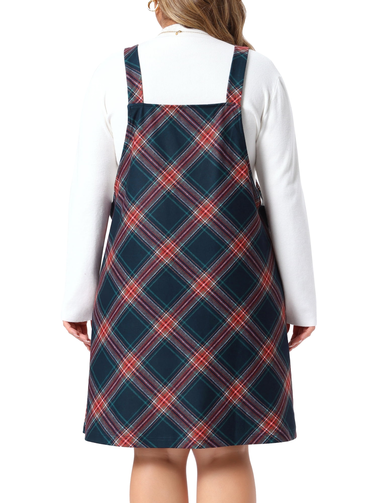 DARING DIVA Women's Plus Plaid Pinafore Dress Sleeveless Strap Overall 2X Dark Blue