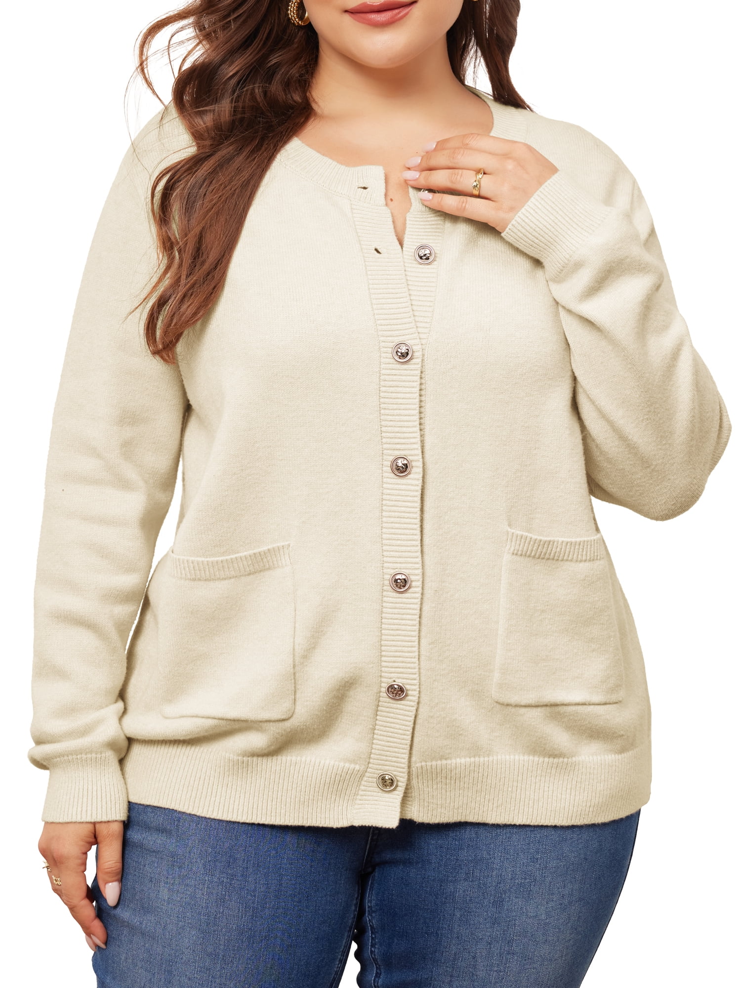 DARING DIVA Women's Plus Size Button Down Crew Neck Cardigan Sweater 2X Beige