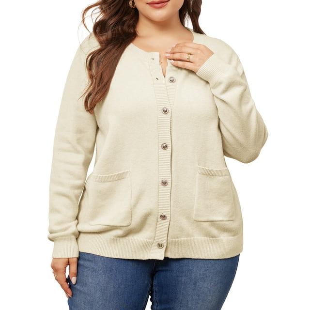 Suéter cárdigan de punto de cuello redondo con botones de manga larga para mujer de tallas grandes Agnes Orinda 2X beige