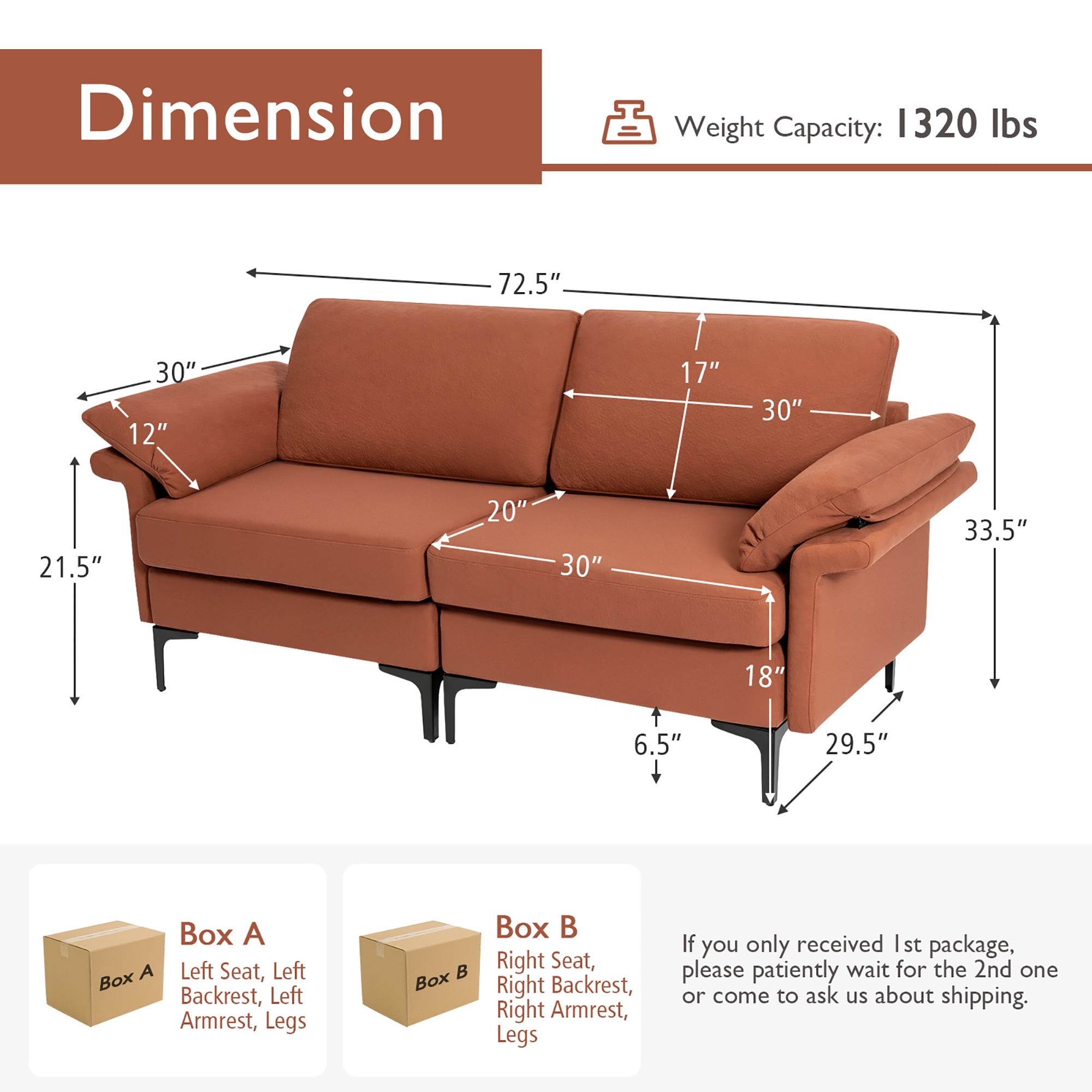 Costway Modern Loveseat Fabric 2-Seat Sofa Couch for Small Space w/ Metal Legs Rust Red