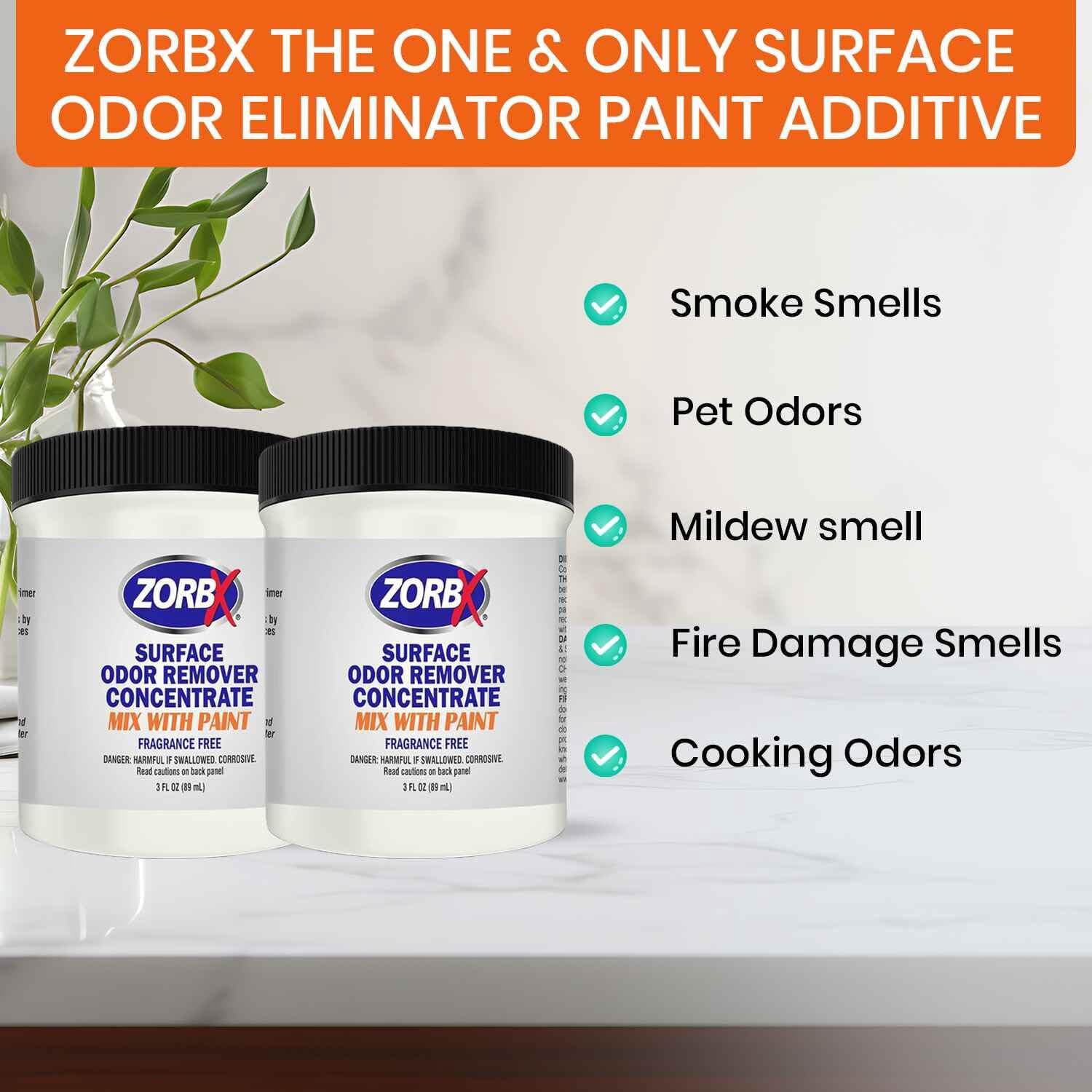 ZORBX 3 Oz Surface Odor Remover Paint Additive - Fragrance-Free for Smoke, Mildew, Pets (2 Jars)