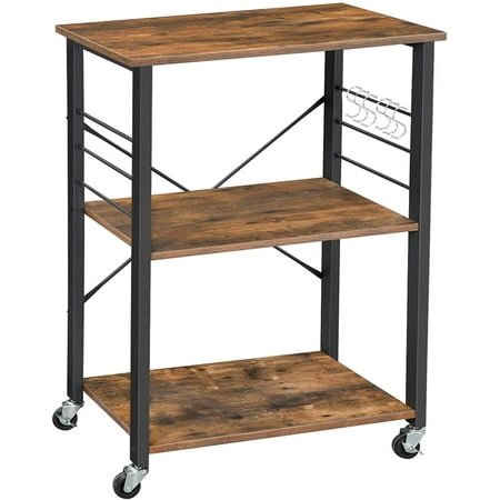 VASAGLE Kitchen Shelf on Wheels, Serving Trolley with 3 Shelves, for Mini Oven, Toaster, Metal Frame with 6 Hooks, Rustic Brown (B07VRN23V5)