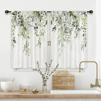 Sage Green Eucalyptus Leaves Kitchen Curtains Short Small Rustic Spring Flower Floral Wooden Botanical Plant Rod Pocket Farmhouse Bedroom Living Room Treatment Fabric 2 Panels 27.5Wx36H Inch