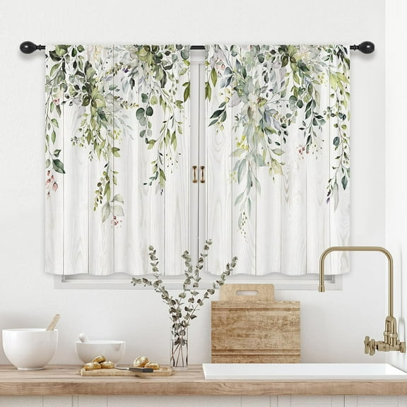Sage Green Eucalyptus Leaves Kitchen Curtains Short Small Rustic Spring Flower Floral Wooden Botanical Plant Rod Pocket Farmhouse Bedroom Living Room Treatment Fabric 2 Panels 27.5Wx36H Inch
