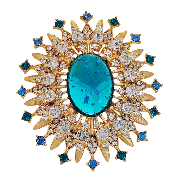 Burst Oval Blue Brooch, Gold Metal