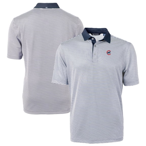 Men's Cutter & Buck Navy/White Chicago Cubs Virtue Eco Pique Micro Stripe Recycled Polo
