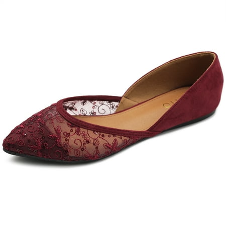 

Ollio Women s Shoes Faux Suede Spangle Floral Lace Breathables Pointed Toe Ballet Flats F126