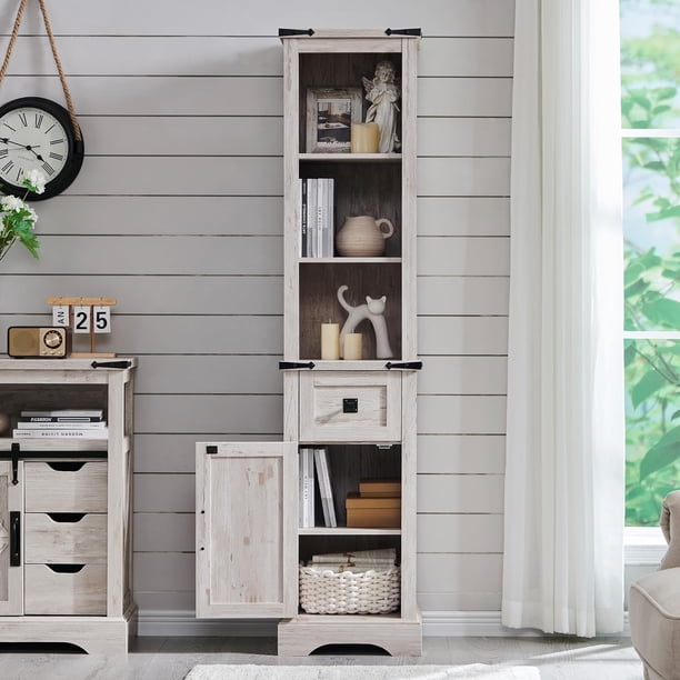 OKD Farmhouse Bathroom Storage Cabinet – Tall Linen Tower With Adjustable Shelves & Drawer, Rustic Oak Finish