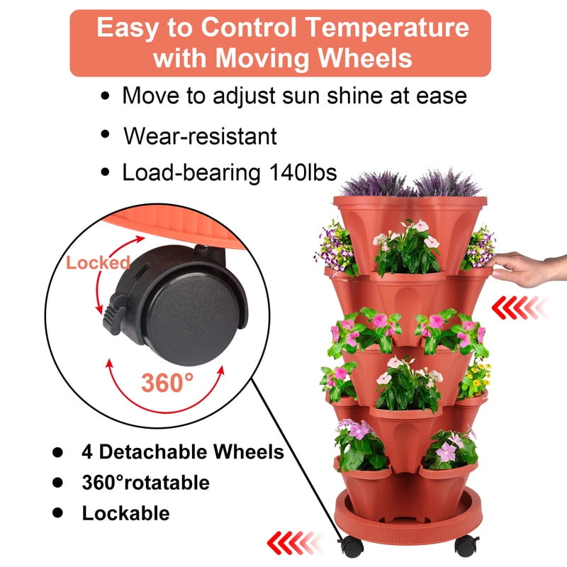 iHomeGarden Vertical Planter 5-Tier Stackable System - Indoor/Outdoor Garden Kit for Strawberries, Herbs, Vegetables (Beginner-Friendly Design), Red