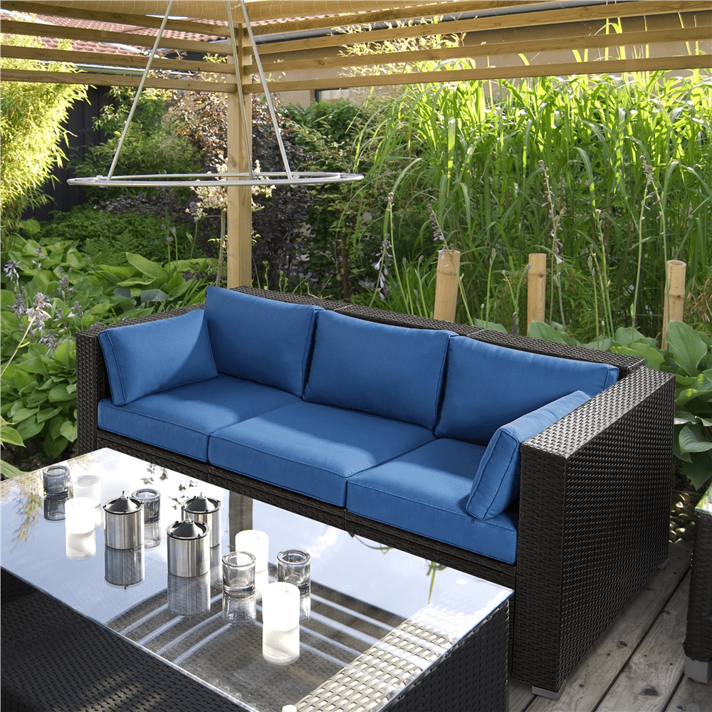 Alden Design 3-Seater Patio Resin Wicker Sofa with Throw Pillows for Yard, Brown/Dark Blue