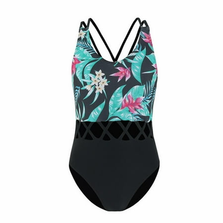 

Girls Swimsuits Size 8 Years-9 Years Green Leaf Pattern Round Neck Hollow Carved Design Girls Bathing Suit Sky Blue