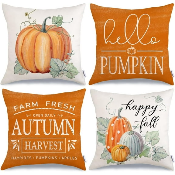 Fall Decorative Throw Pillow Covers 18 x 18 Inch Set of 4, Hello Pumpkin Fall Decor Outdoor Farmhouse Pillow Cases for Home Couch (Orange Color) G334-18