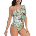 thumbnail image 3 of Uemuo Watercolor Palm Tree Print Women's One Piece Swimsuit Asymmetrical Neck Bathing Suit One Shoulder Side Cutout Ruffle Swimwear-Medium, 3 of 6