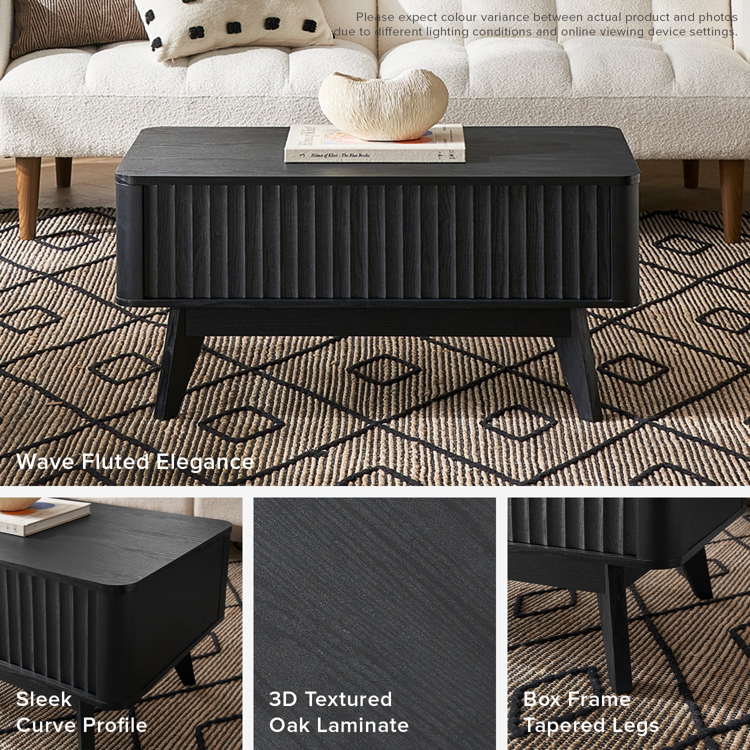 Mopio Lift-Top Coffee Table with Storage, Fluted Design, Black Oak Finish