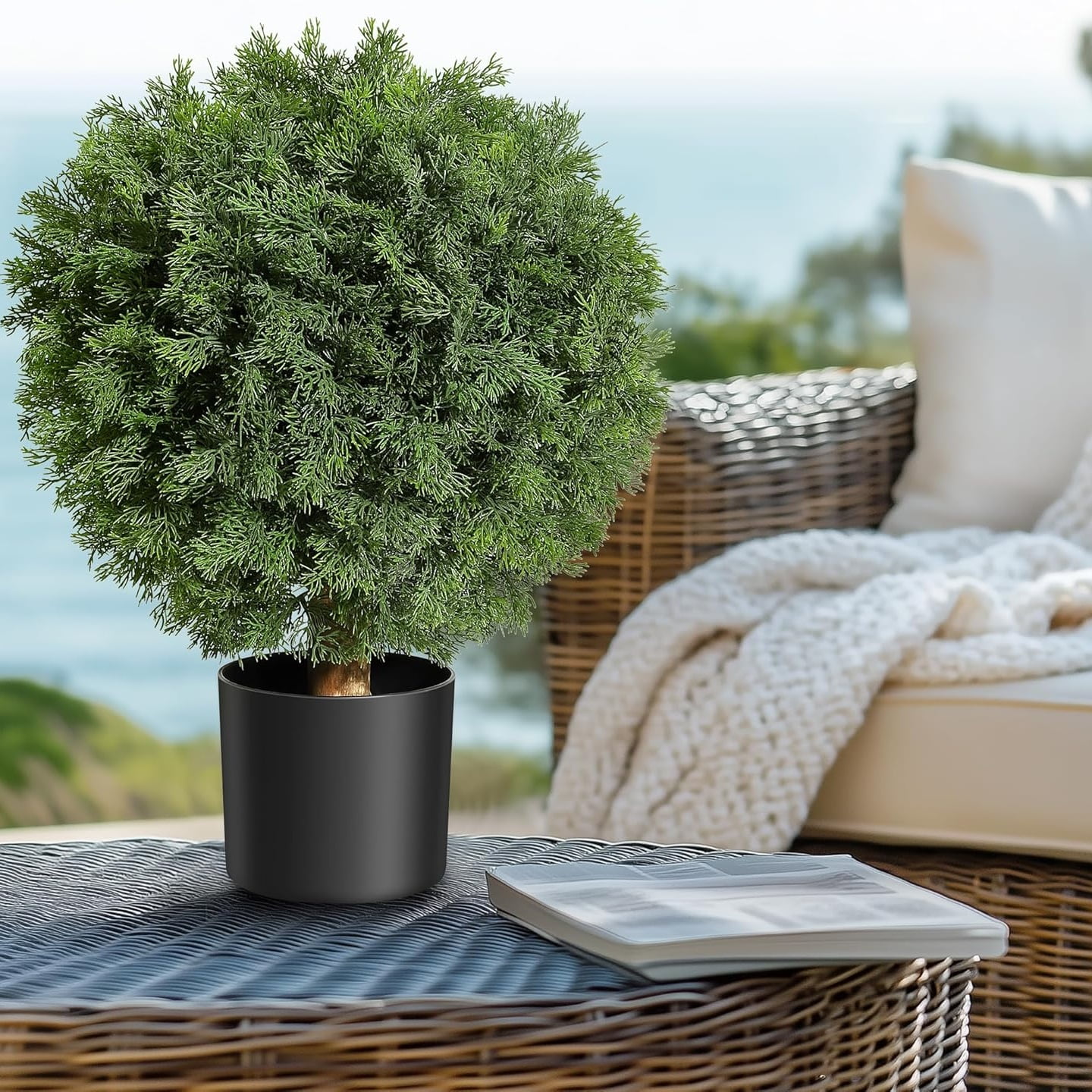 24inch Home Artificial Cedar Topiary Ball Trees with Potted, Fake Cedar Plants Artificial Shrubs Bushes Ball Tree for Front Door Porch Garden Backyard Decor (2 Pack)