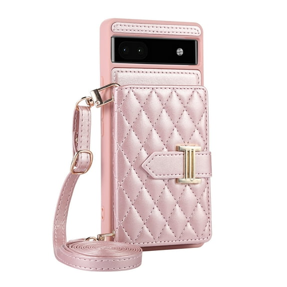 ELEHOLD Wallet Crossbody for Google Pixel 7 Case with Lanyard Wrist Strap Credit Card Holder, PU Leather Protective Phone Case with Ring Holder,Rosegold