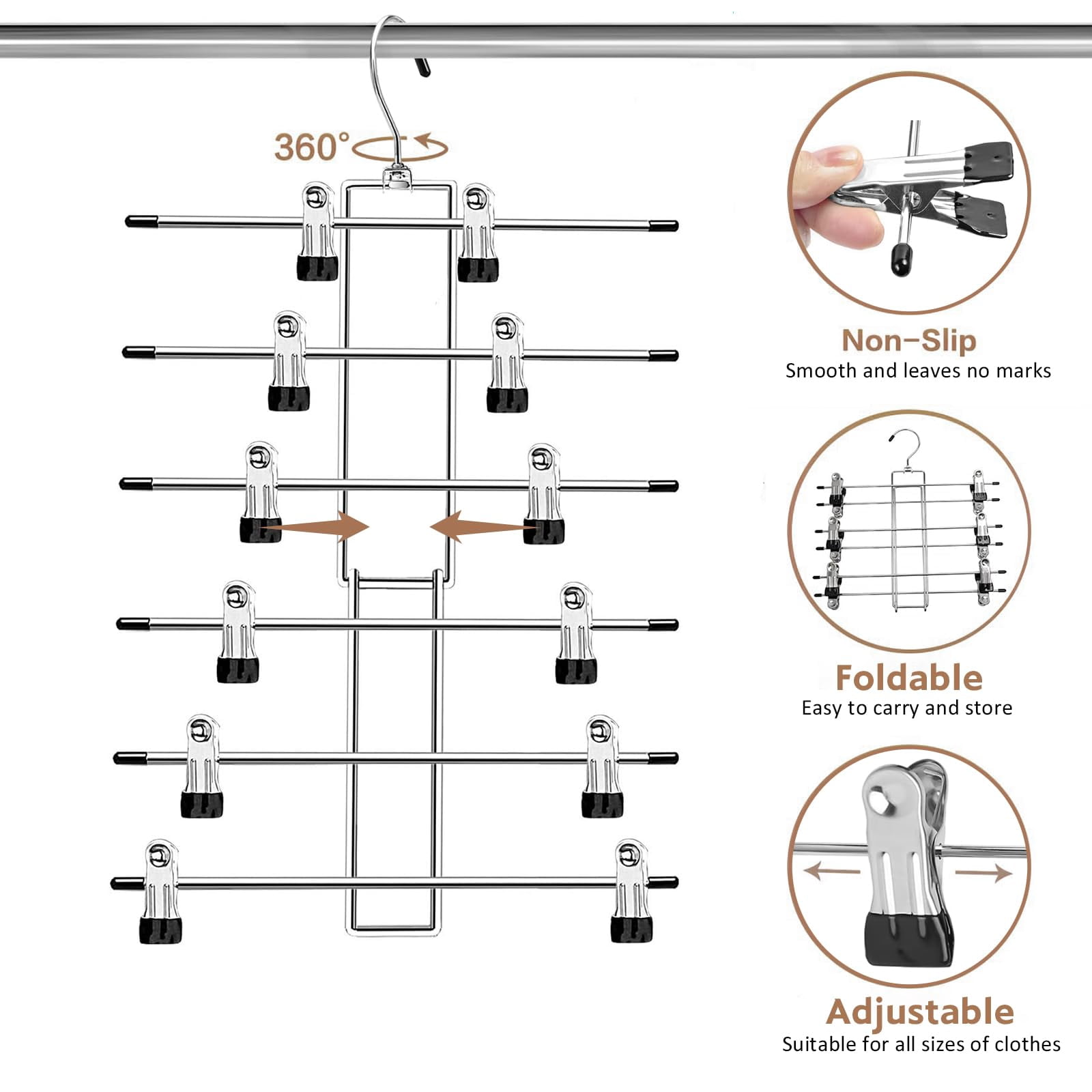 Pants Hangers with Clips,Space Saving Hanging Closet Organizer-6 Tiers Skirt Hangers with 360° Swivel Hook,Closet Organizer-Clothes Hangers- College Dorm Essentials Apartment Essentials