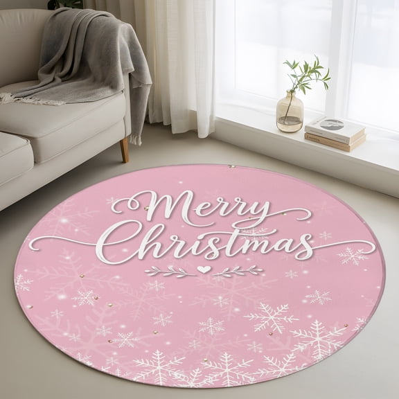 Pink Christmas 3ft Area Rug, White Xmas Snowflake Winter Washable Non-Slip Small Round Rugs for Entryway Bedroom Kitchen, Soft Circle Carpet for Dining Room, Playroom Nursery Rug