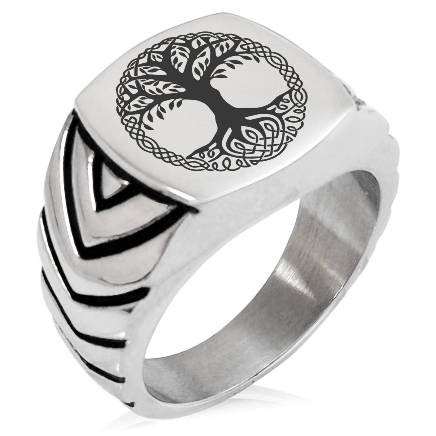 Stainless Steel Yggdrasil Great Tree of Life Viking Norse Chevron Pattern Biker Style Polished Ring