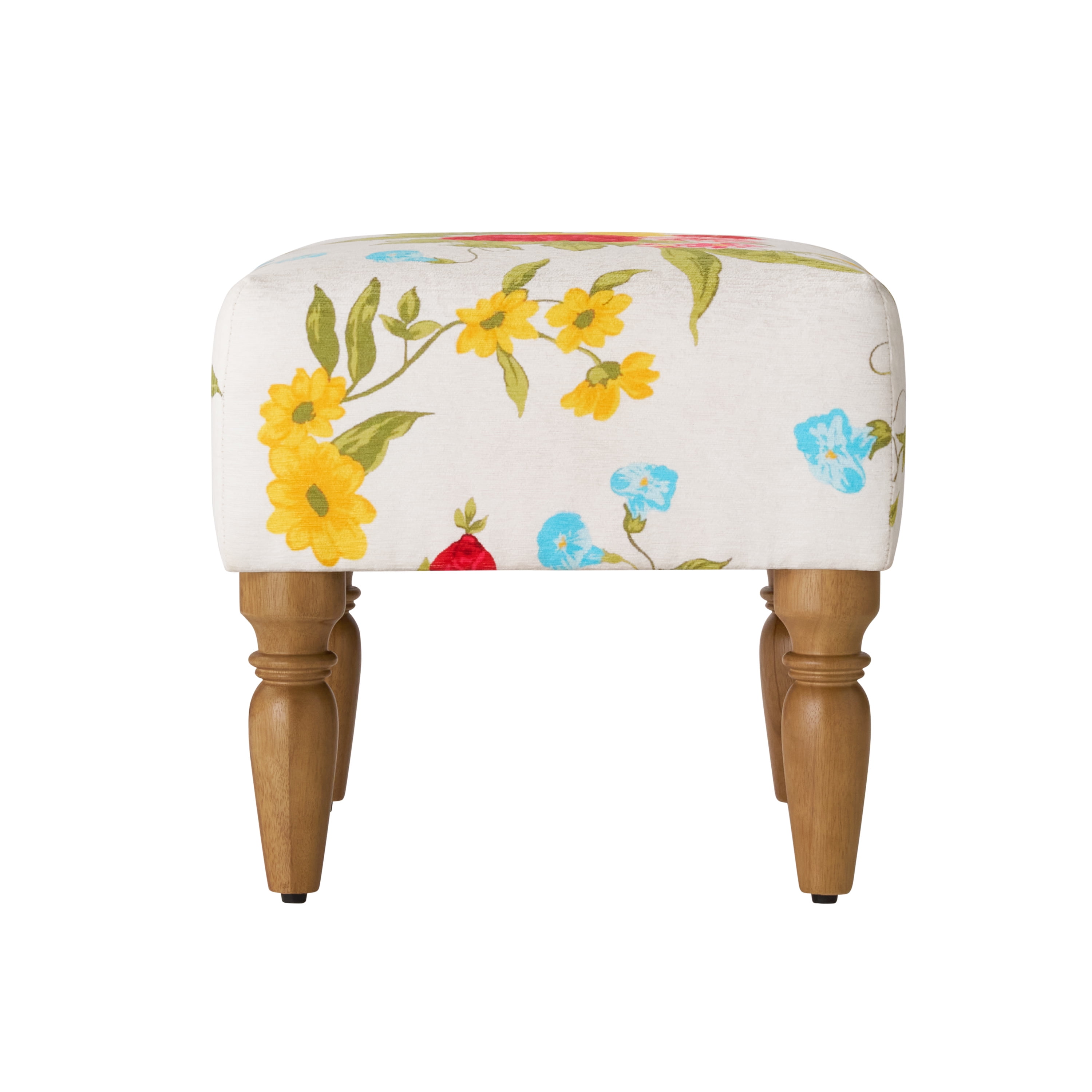 The Pioneer Woman Sweet Rose Ottoman, White Floral, 17.25 in Seat Height