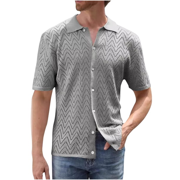 pstuiky Camisas de vestir de manga corta para hombre, Blusa informal de punto con cuello vuelto, manga corta y color liso para hombre ropa de hombre s