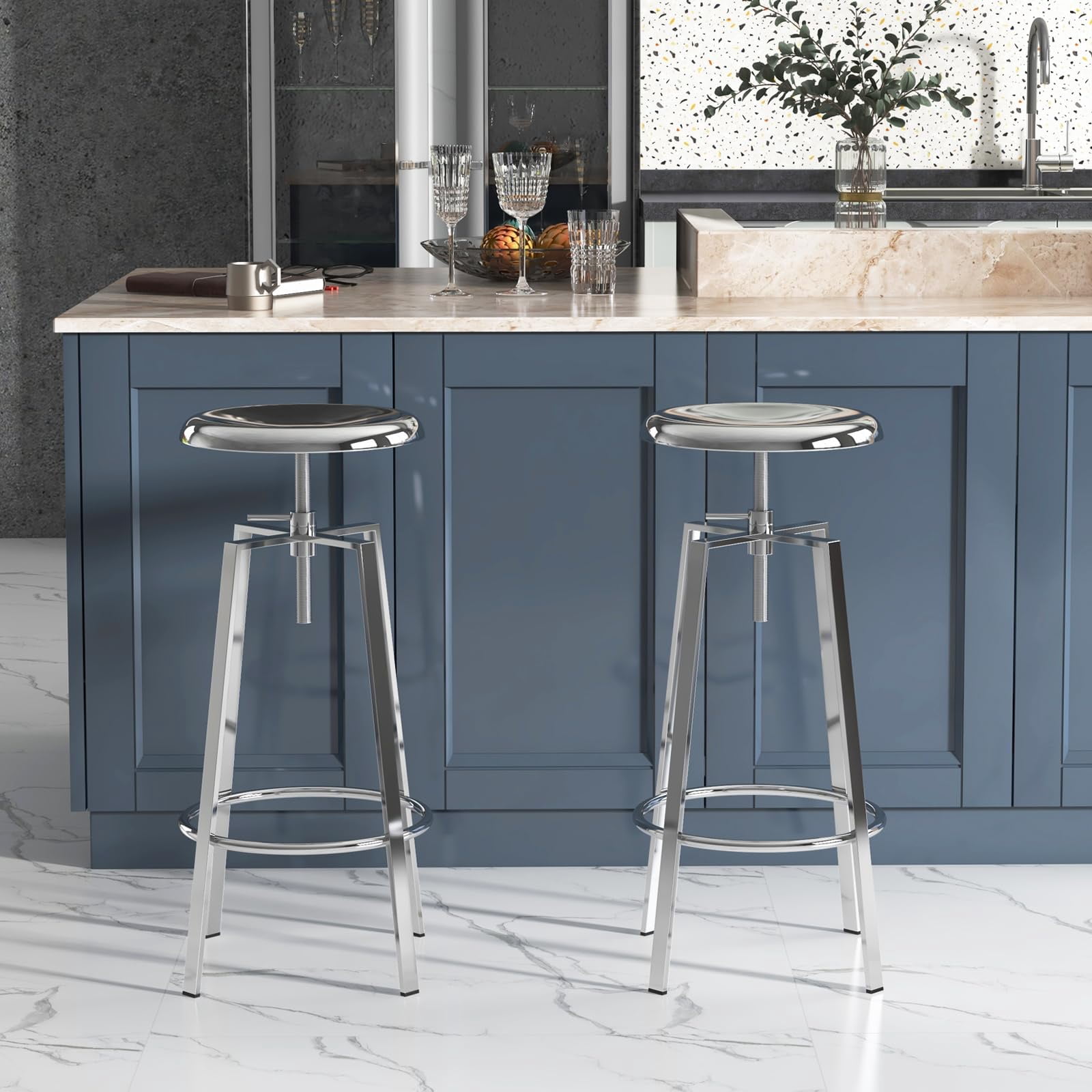 Modern Metal Bar Stools Set of 2, Backless Round Counter Height Swivel Bar Stools for Kitchen Island Dining Pub Cafe (Chrome)