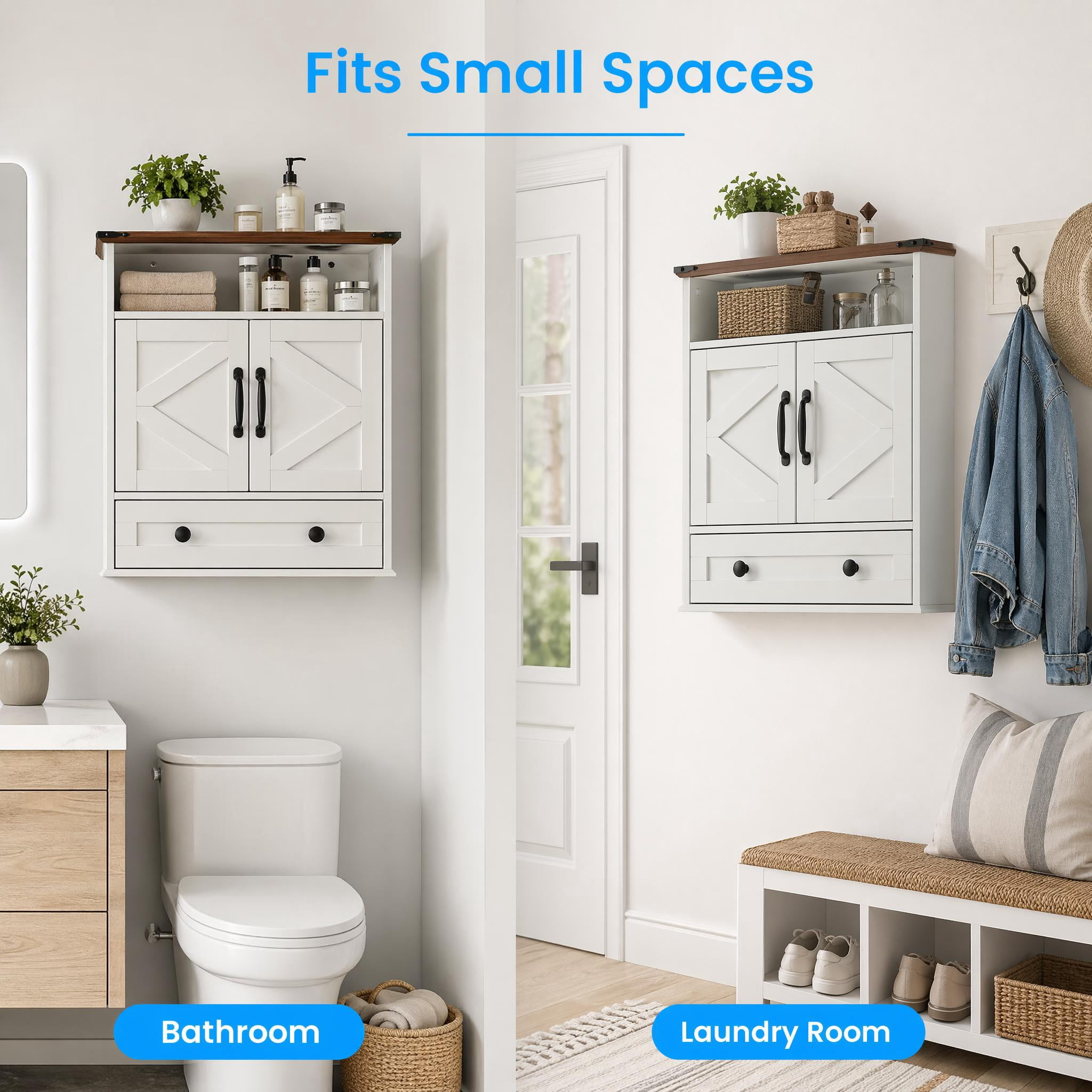 Garvee Bathroom Wall Cabinet, Farmhouse Medicine Cabinet, 24" Wide Cabinet with Drawer, Adjustable Shelf, Double Barn Doors, Storage Cabinet for Bathroom, Kitchen, Living Room White