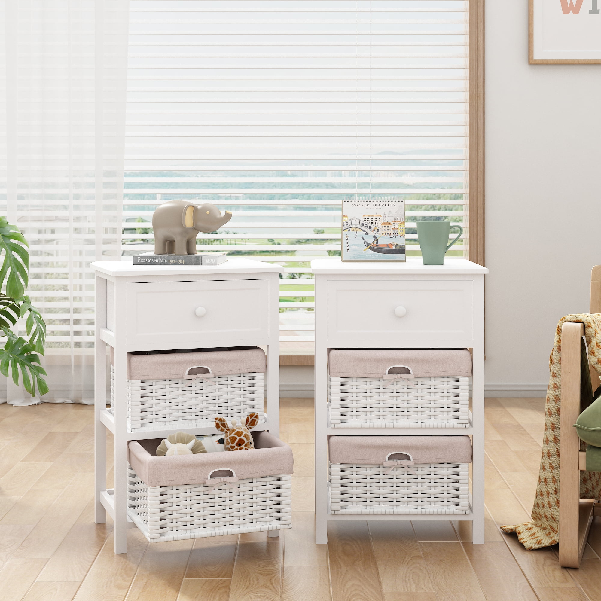 stylish modern White 5-Layer Chest of Drawers with Wicker Baskets Floral Lining 