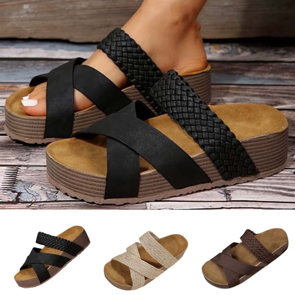 Taqqpue Womens Sandals Slide Wedge Sandals Comfortable Anti-Slip Open Toe Beach Slippers Flat Thick-Soled Sandals Bohemia Espadrilles Platform Sandals Women Dressy Summer Outdoor Beach Walking Shoes
