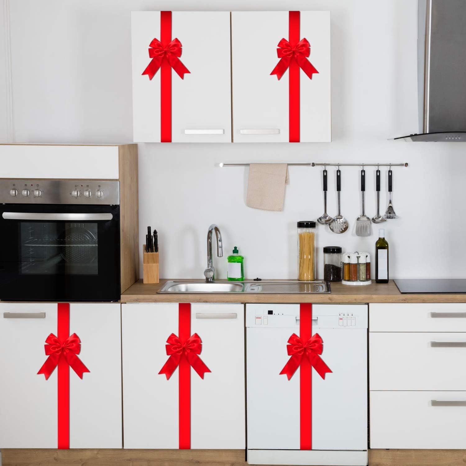 8 Pcs Christmas Cabinet Ribbons Bows for Kitchen 78.8 Inch Red Large Christmas Door Ribbon Cabinet Bows for Gifts Xmas Tree Home Wall Furniture Party Decorations