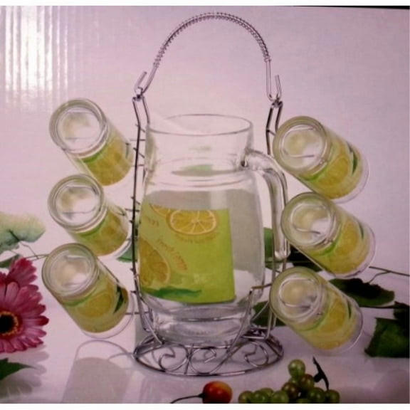8 pc drinkware set w/ metal rack lemons decal