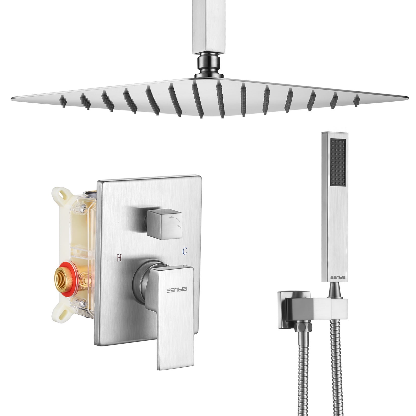 ESNBIA Shower System, Bathroom 12 Inches Rain Shower Head with Handheld Combo Set, Ceiling